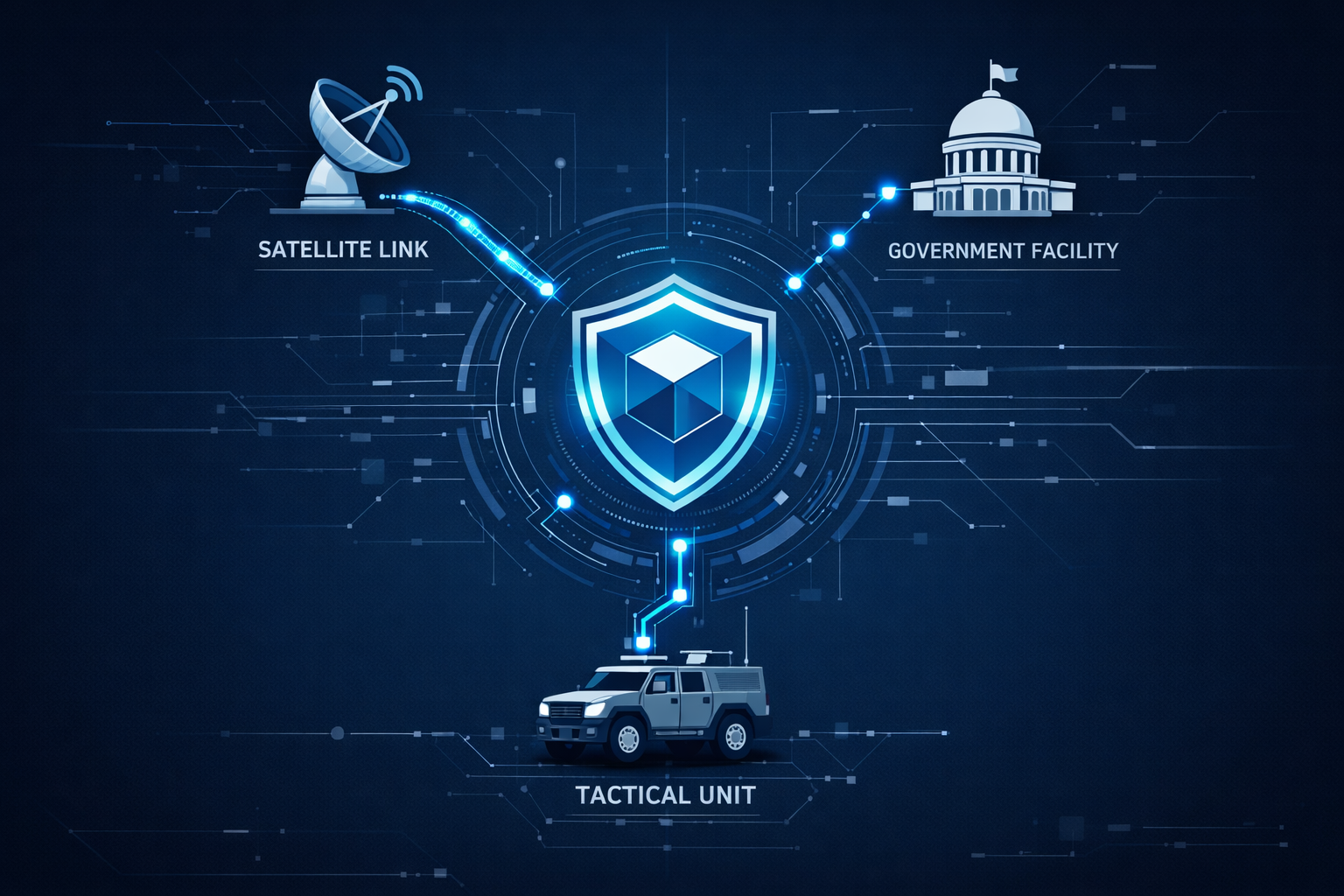 Technical diagram of a C-native data orchestration engine replicating files securely between a central hub and remote tactical sites, including satellite and government facilities.