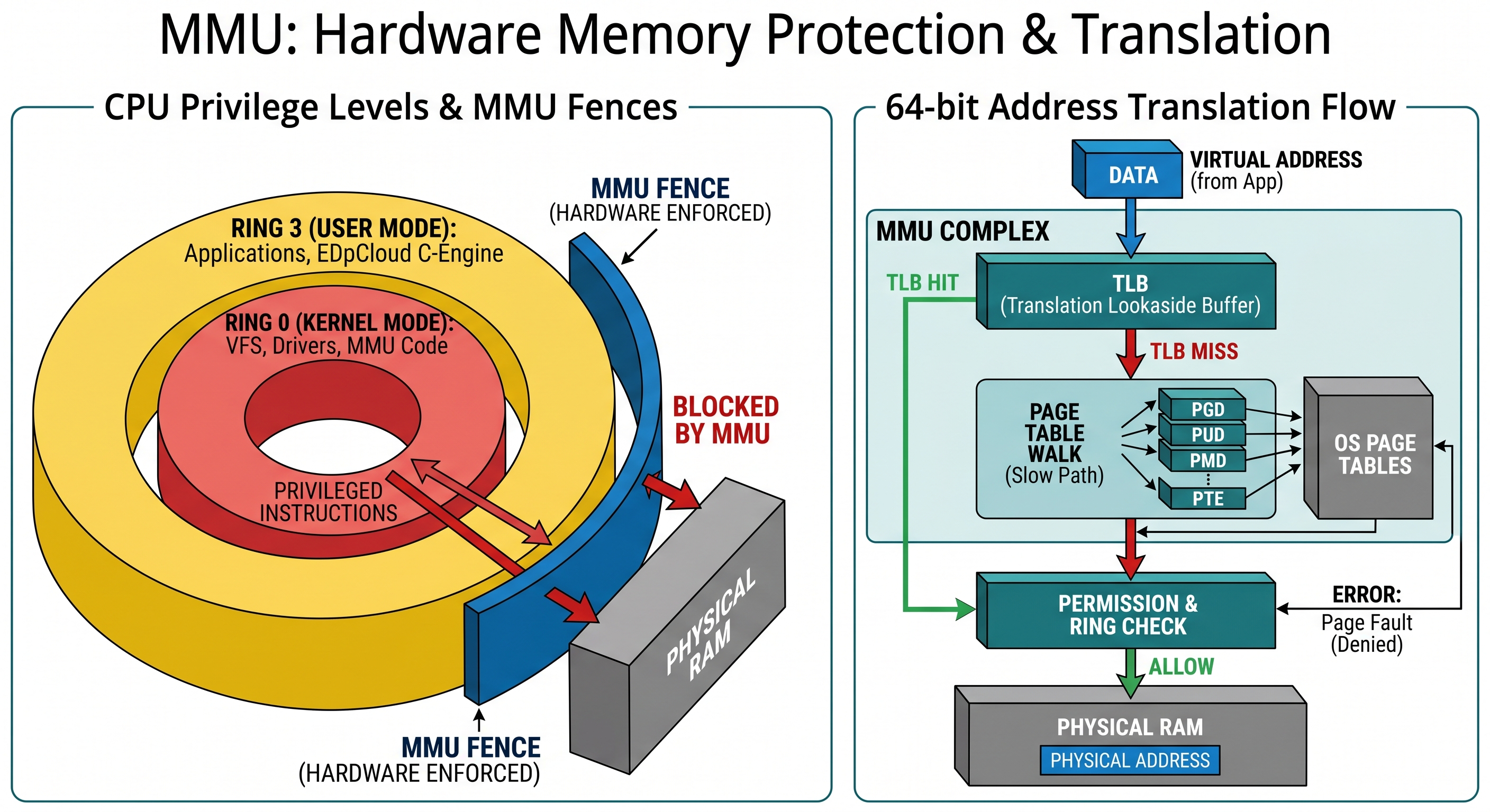 Diagram of MMU memory protection showing CPU Ring 0 and Ring 3 separation and the virtual-to-physical address translation flow.