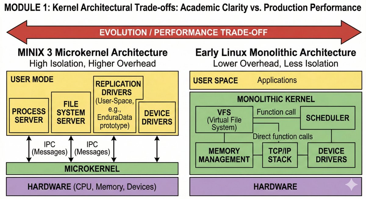 omparison diagram of MINIX Microkernel vs early Linux Monolithic architecture showing kernel and user mode isolation.