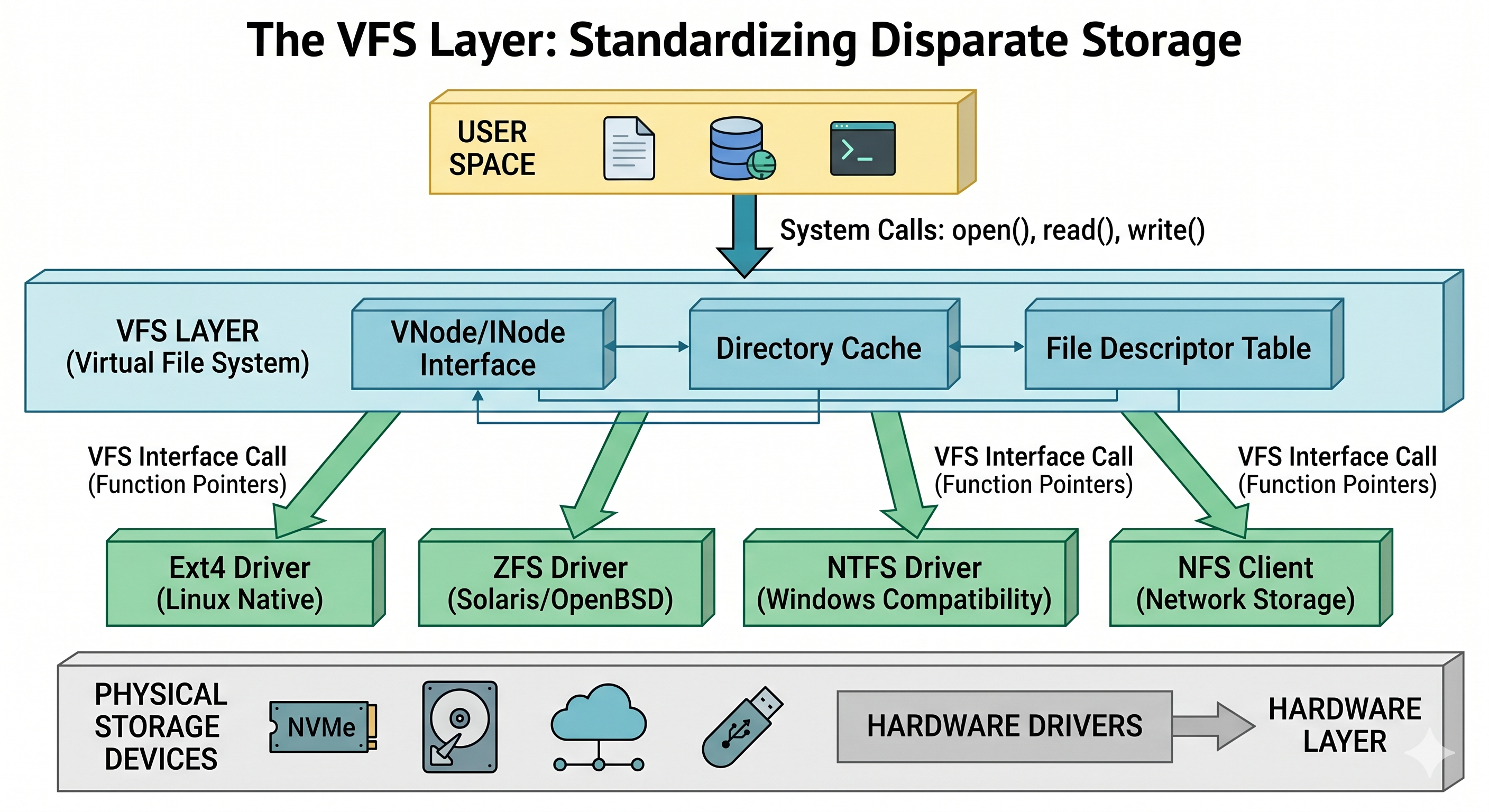 Technical diagram of the Virtual File System (VFS) layer standardizing system calls across Ext4, ZFS, NTFS, and NFS